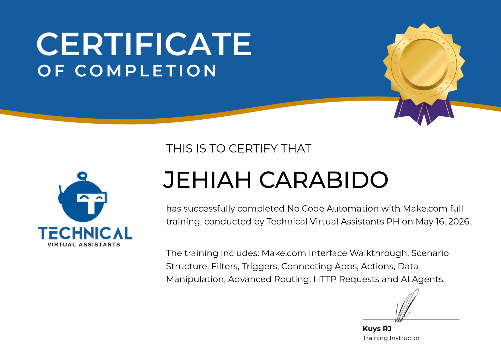 No Code Automation with Make.com certificate for Jehiah Carabido