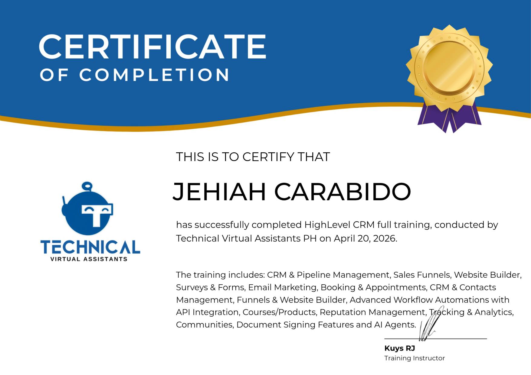HighLevel CRM Full Training certificate for Jehiah Carabido